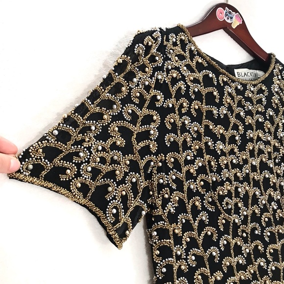 Vtg 100% silk Black Tie Oleg Cassini beaded cocktail party dress black gold - Picture 2 of 11
